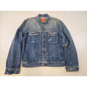 Ezra Fitch A&F Mens Distressed Denim Trucker Jacket Blue Moose Graphic‎ L